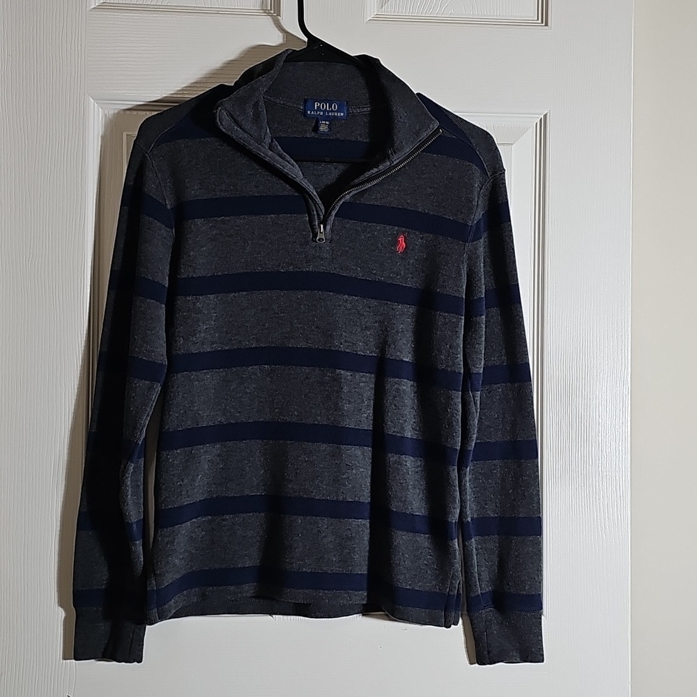 Polo by Ralph Lauren Kids Blue and Gray Striped Quarter Zip Sweater Boys Size L - Picture 2 of 6